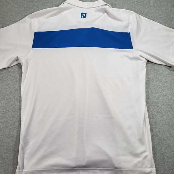 FootJoy Mens Large White Blue Smooth Pique Pieced Stripe Polo course logo sleeve - Picture 6 of 9